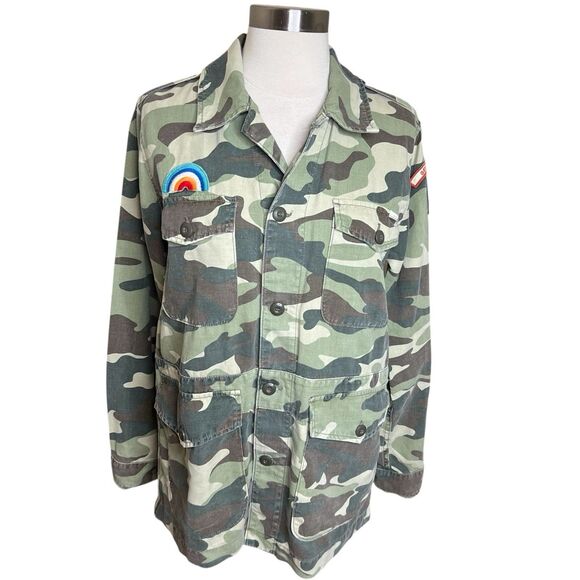 Mother Shirt Womens XS Green Linen Lyocell Camouflage Loose Veteran Button Up - Picture 1 of 11